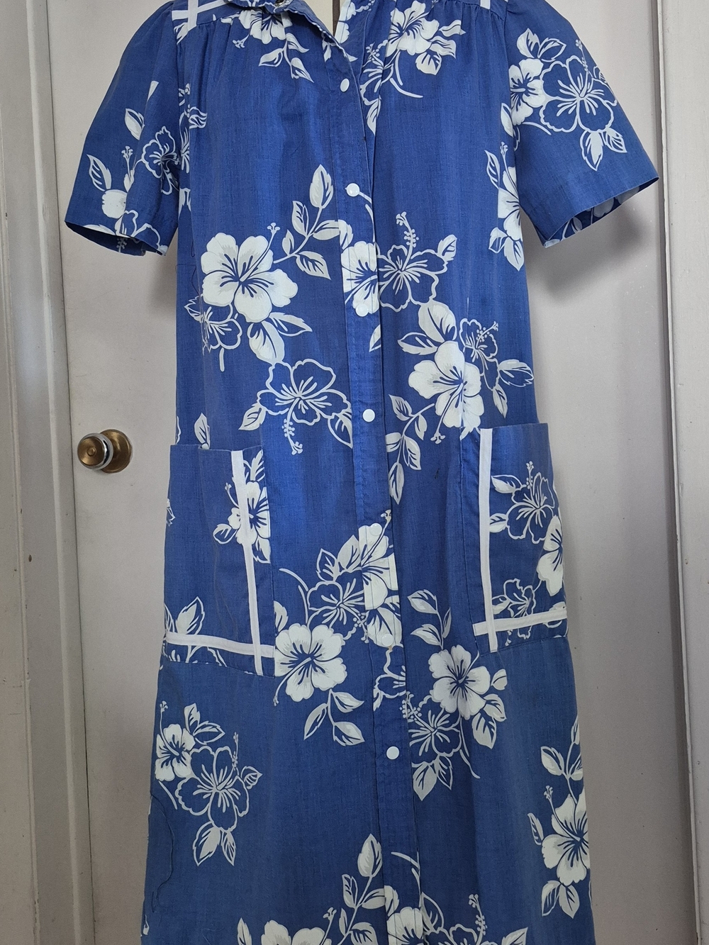 Vintage Sears Blue and White Floral Hibiscus Muumuu Dress Shirt